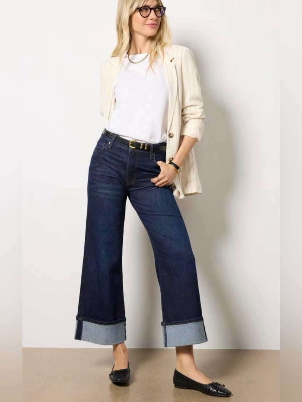 Kut from the Kloth Meg Fab Ab Dark Blue Wide-Leg Cuffed Jeans